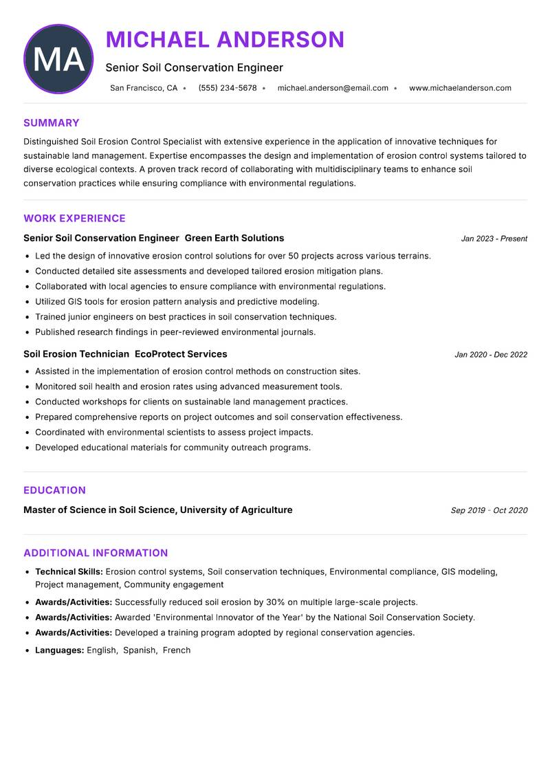 Soil Erosion Control Specialist resume example