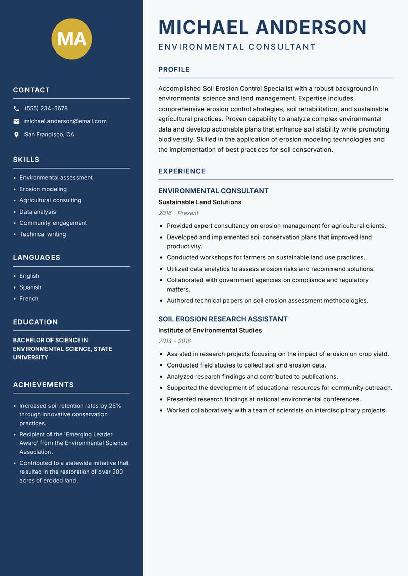 Soil Erosion Control Specialist resume sample — Environmental Consultant focus