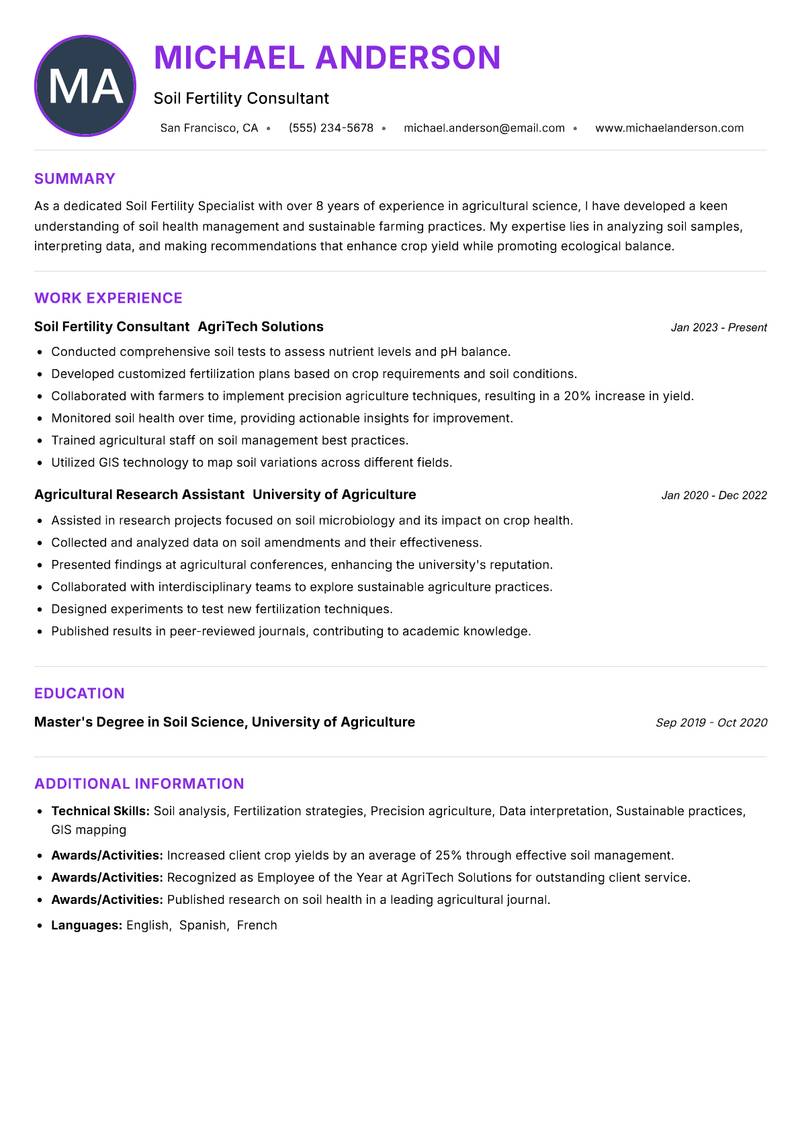 Soil Fertility Specialist resume example
