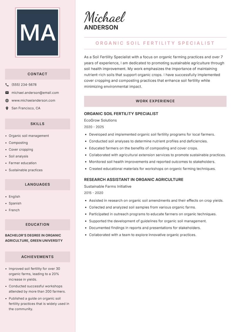 Soil Fertility Specialist resume sample — Organic Soil Fertility Specialist focus