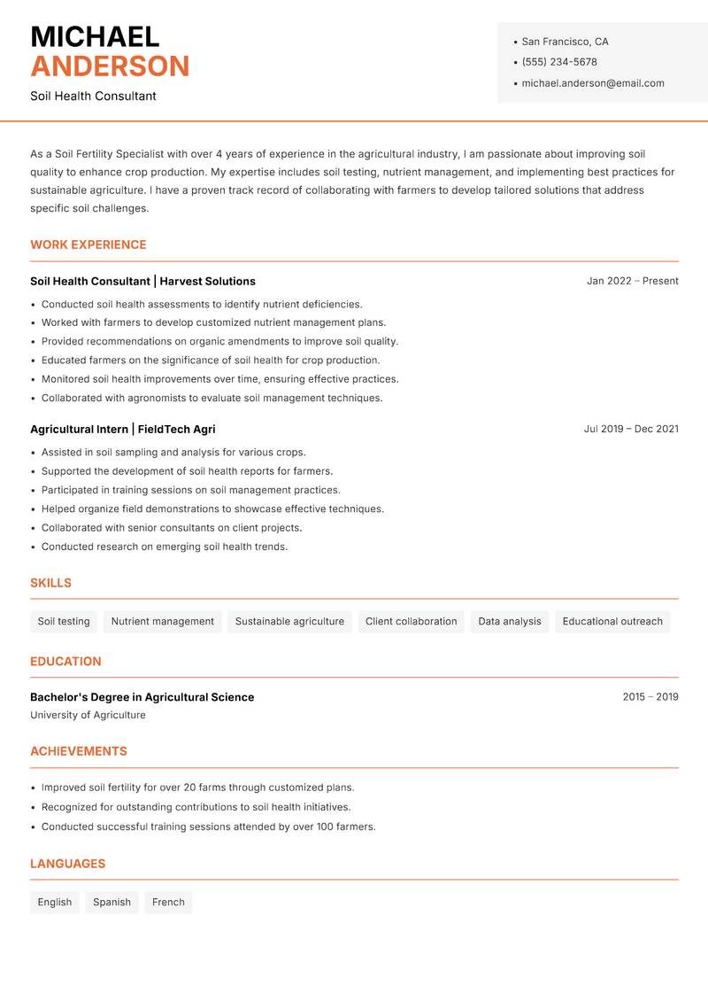 Soil Fertility Specialist resume sample — Soil Health Consultant focus