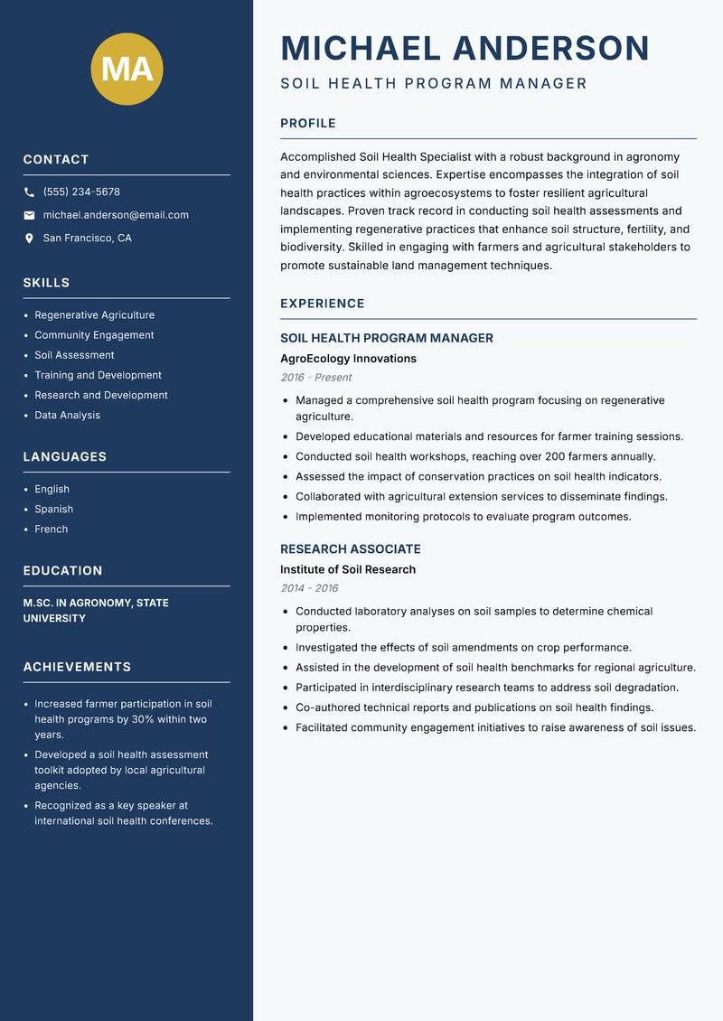 Soil Health Specialist resume sample — Soil Health Program Manager focus