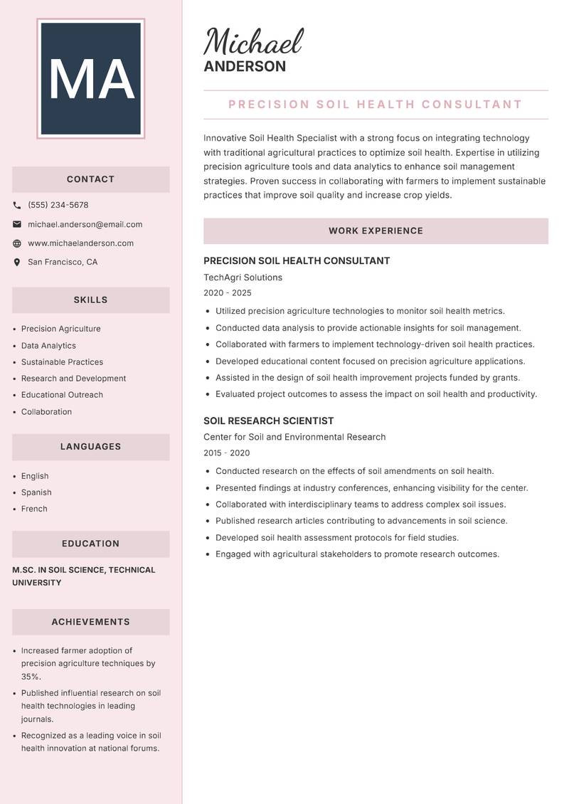 Soil Health Specialist resume sample — Precision Soil Health Consultant focus