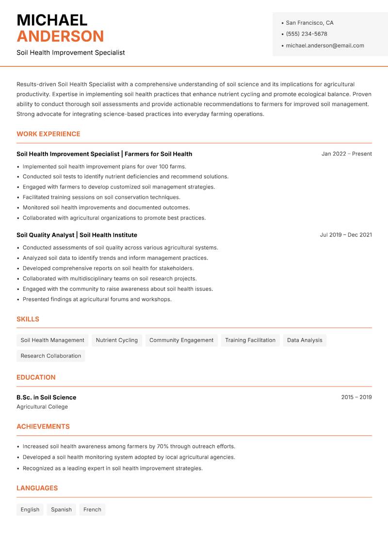 Soil Health Specialist resume sample — Soil Health Improvement Specialist focus