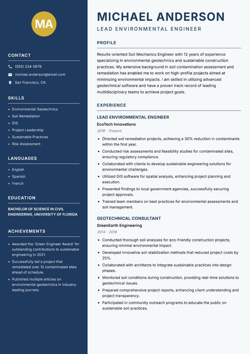 Soil Mechanics Engineer resume sample — Lead Environmental Engineer focus