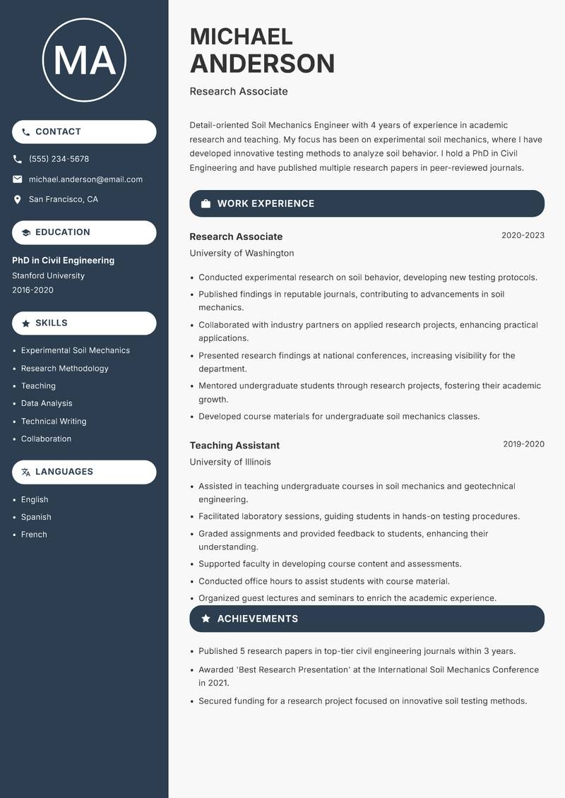 Soil Mechanics Engineer resume sample — Research Associate focus