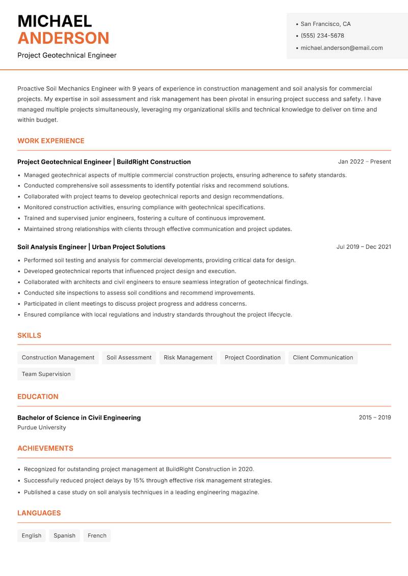 Soil Mechanics Engineer resume sample — Project Geotechnical Engineer focus