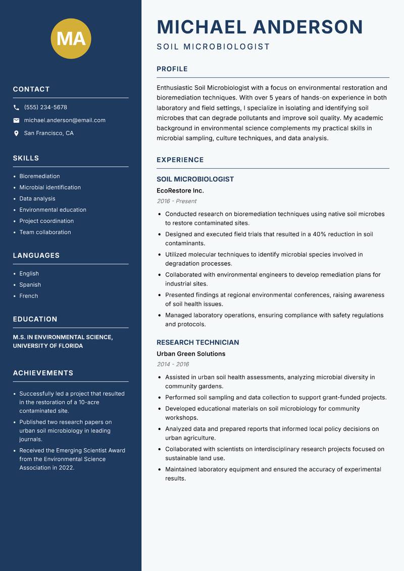 Soil Microbiologist resume sample — Soil Microbiologist focus