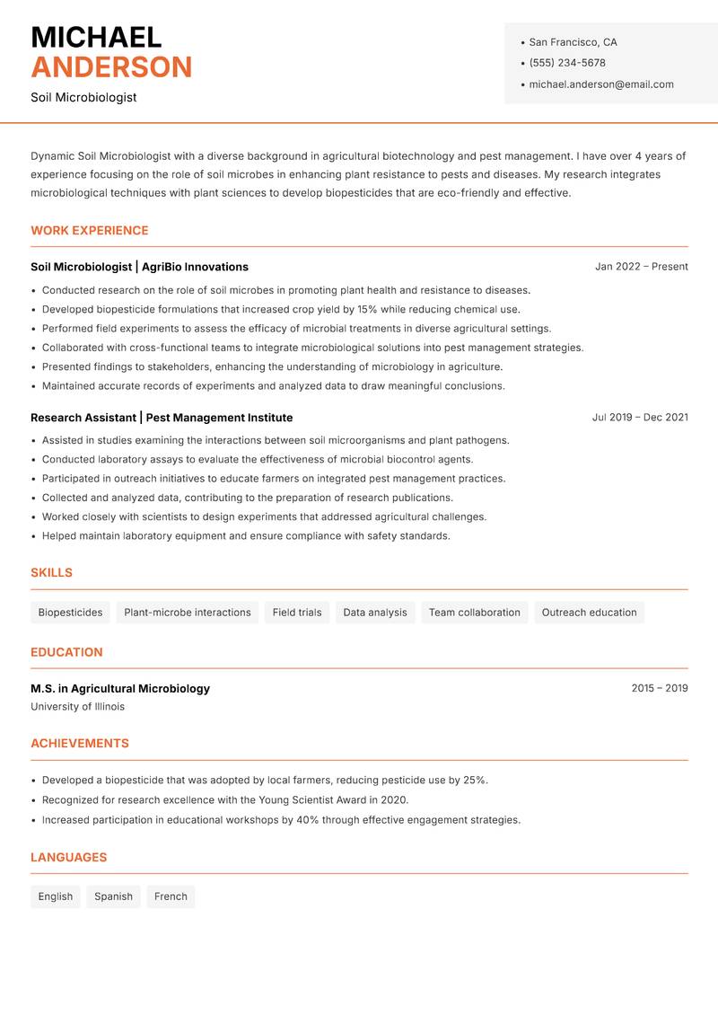 Soil Microbiologist resume sample — Soil Microbiologist focus