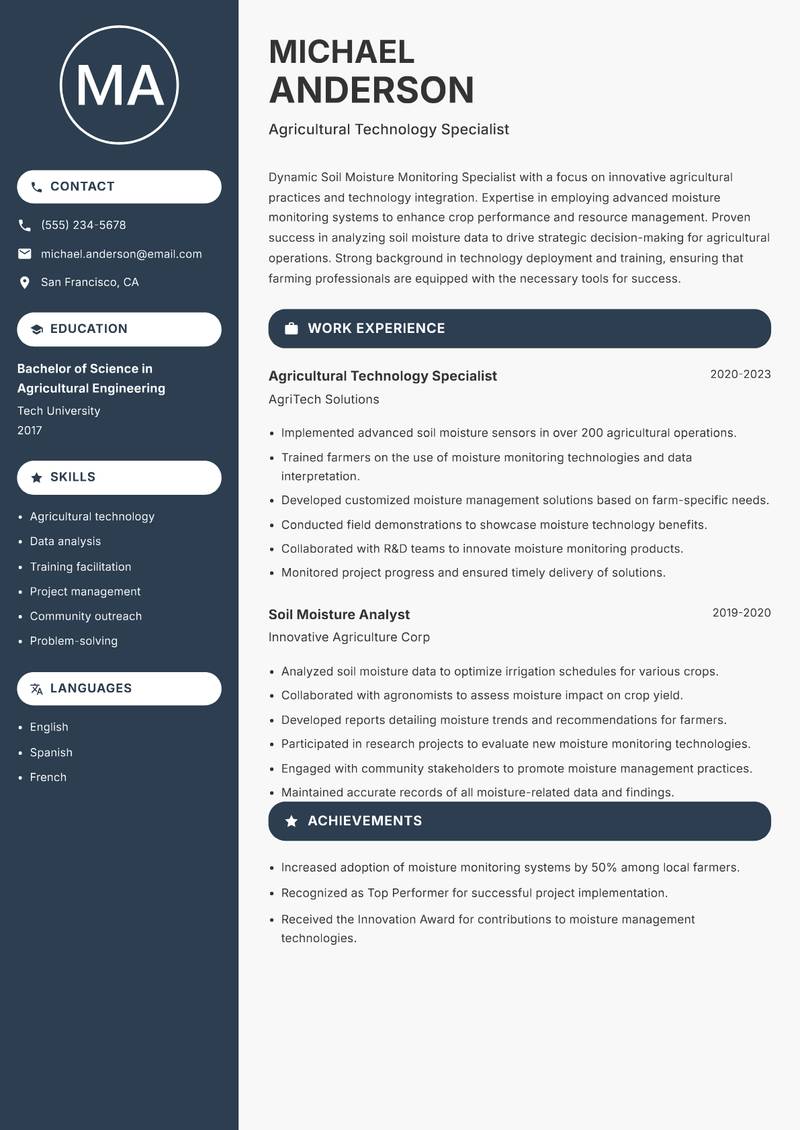 Soil Moisture Monitoring Specialist resume sample — Agricultural Technology Specialist focus