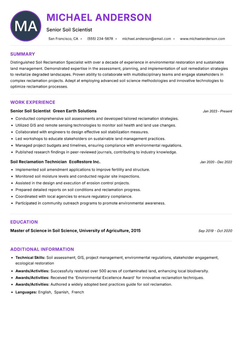 Soil Reclamation Specialist resume example