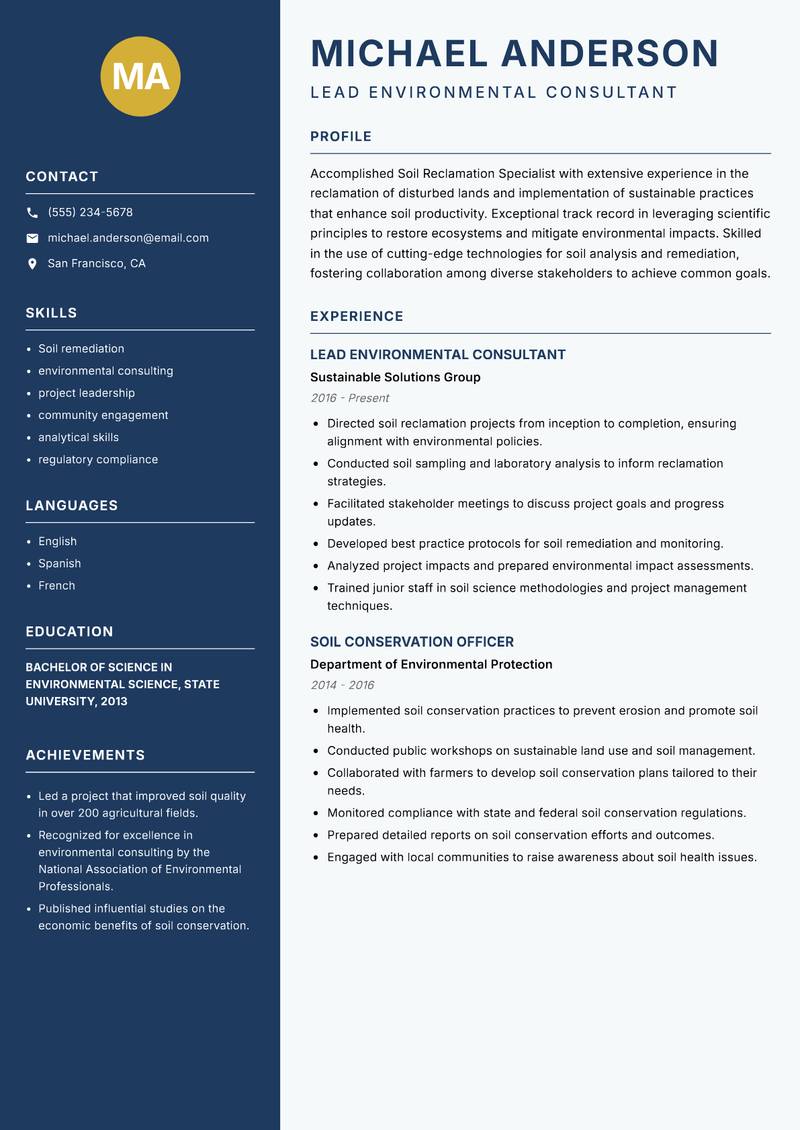 Soil Reclamation Specialist resume sample — Lead Environmental Consultant focus