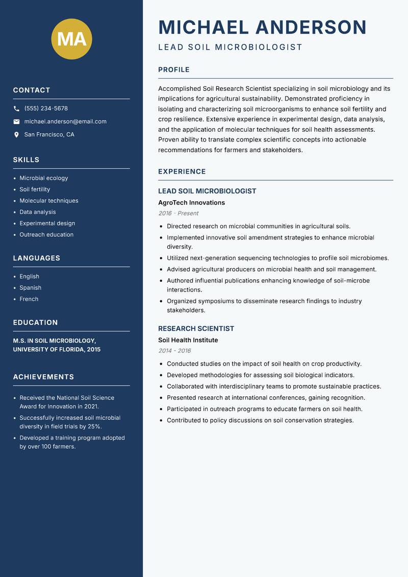 Soil Research Scientist resume sample — Lead Soil Microbiologist focus
