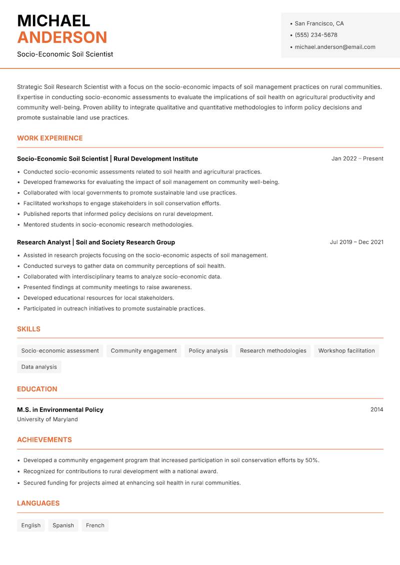 Soil Research Scientist resume sample — Socio-Economic Soil Scientist focus