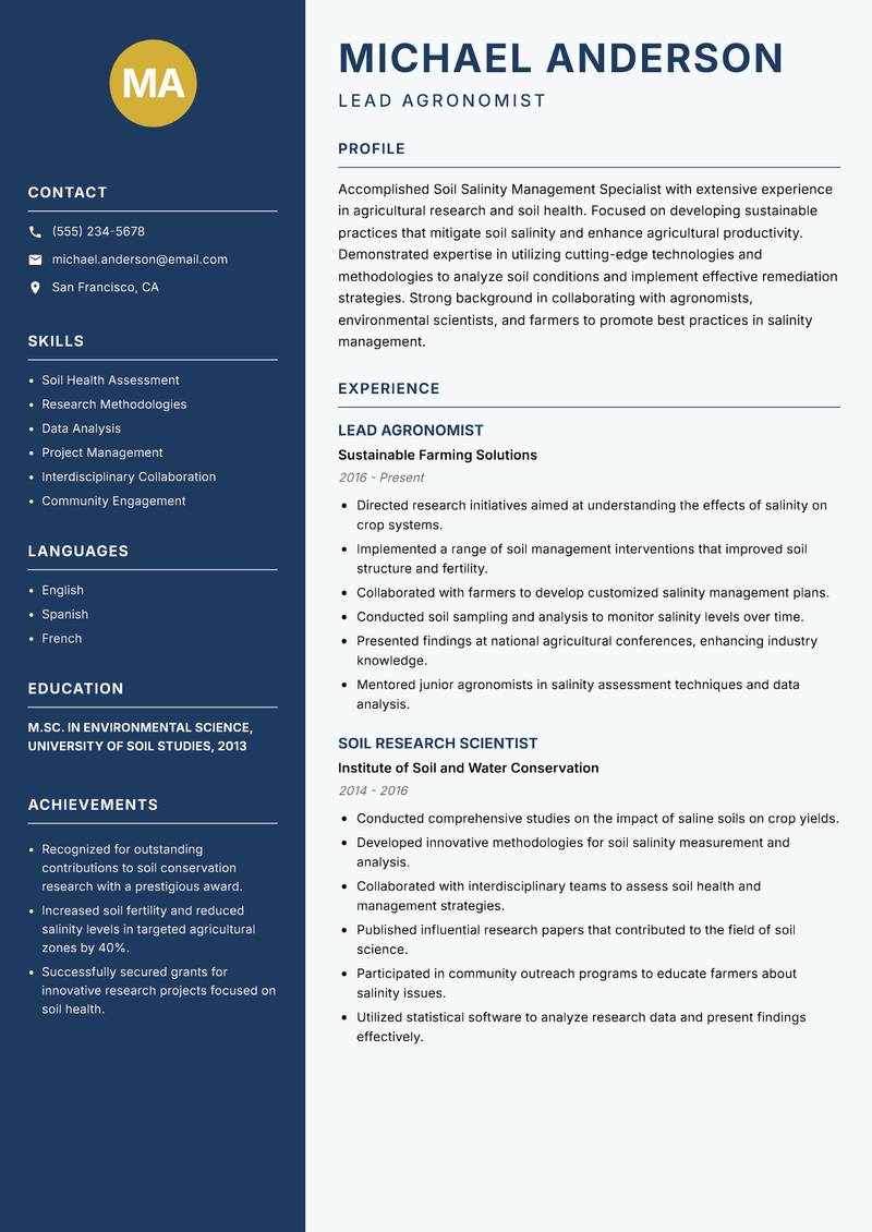 Soil Salinity Management Specialist resume sample — Lead Agronomist focus
