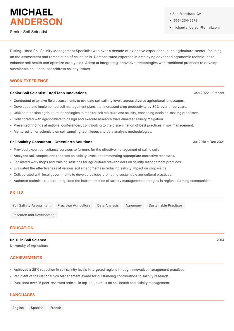 Soil Salinity Management Specialist resume sample — Senior Soil Scientist focus