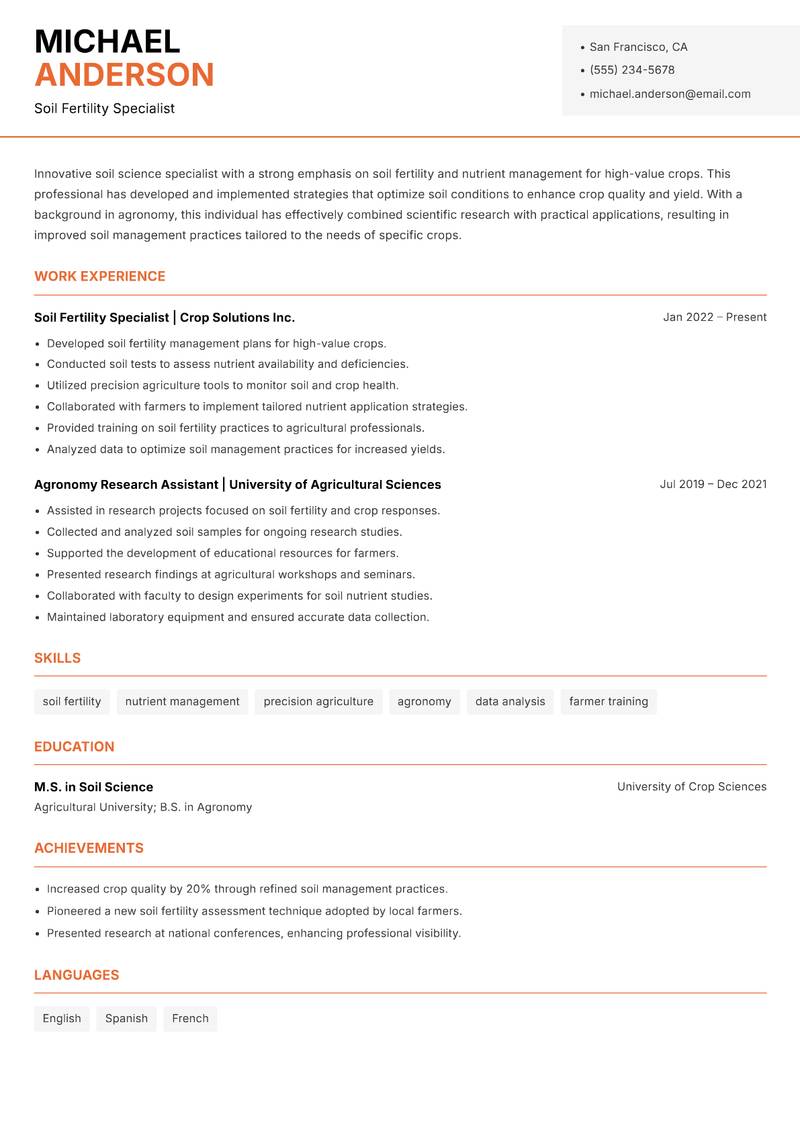 Soil Science Specialist resume sample — Soil Fertility Specialist focus