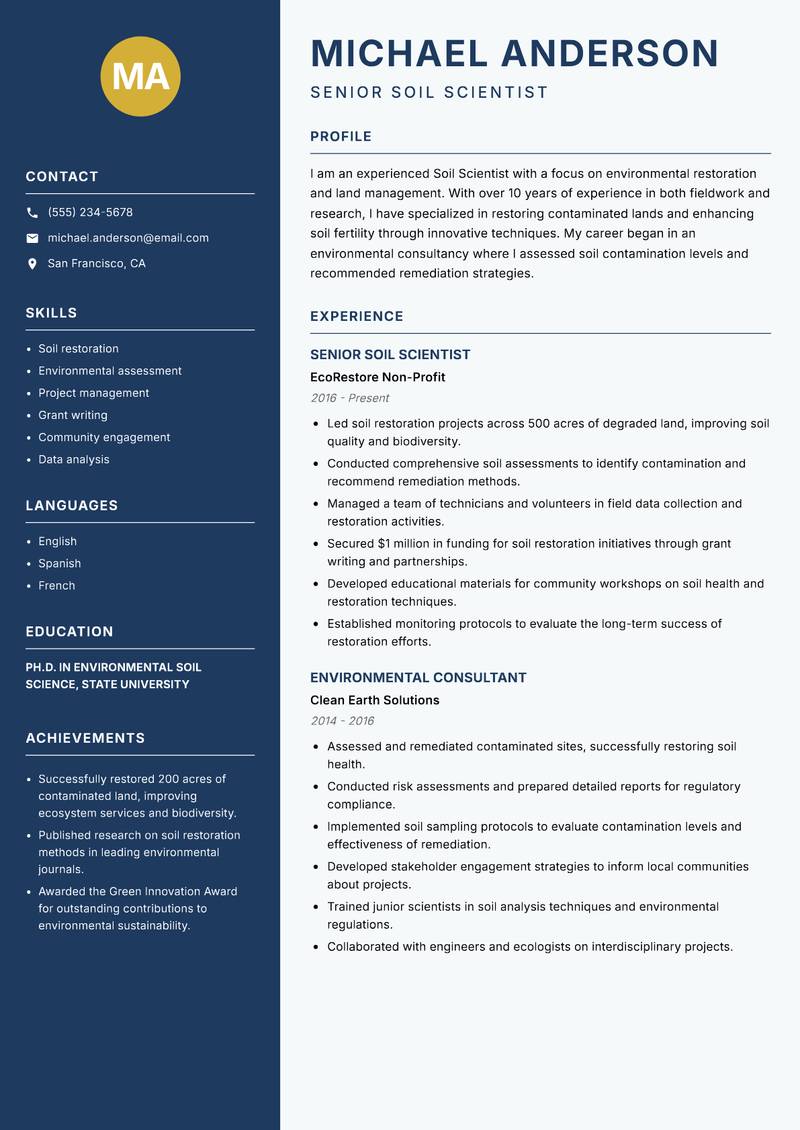 Soil Scientist resume sample — Senior Soil Scientist focus