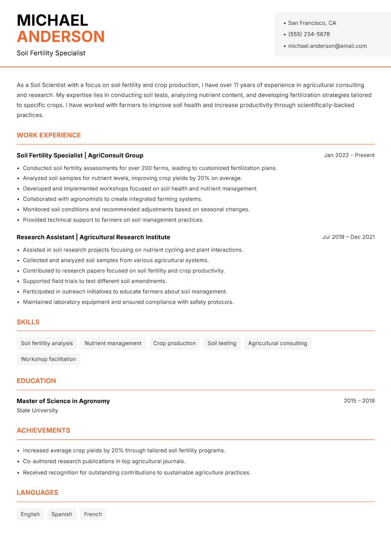 Soil Scientist resume sample — Soil Fertility Specialist focus