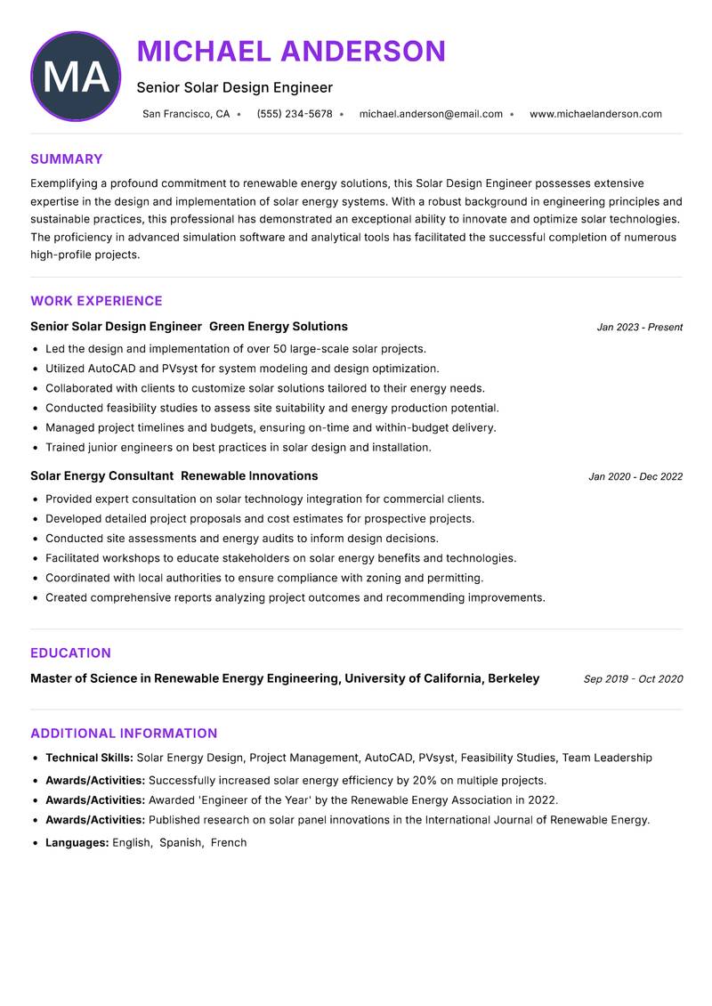 Solar Design Engineer resume example