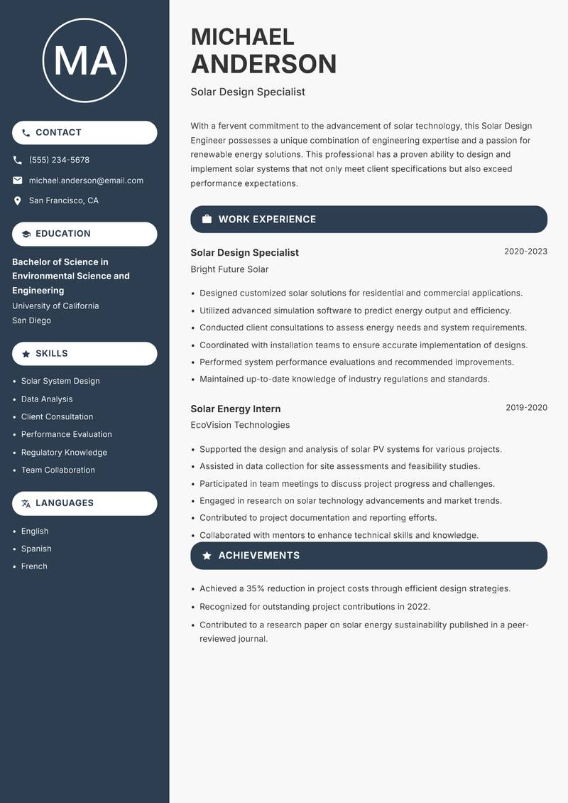 Solar Design Engineer resume sample — Solar Design Specialist focus