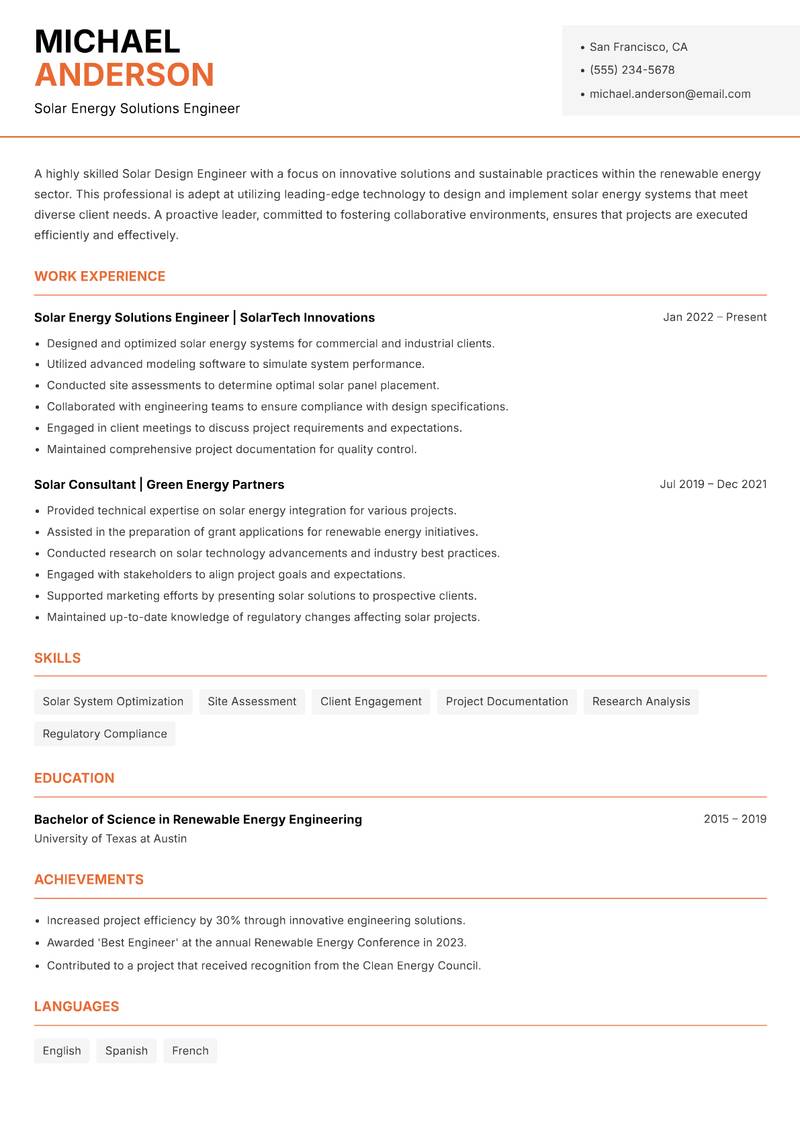 Solar Design Engineer resume sample — Solar Energy Solutions Engineer focus