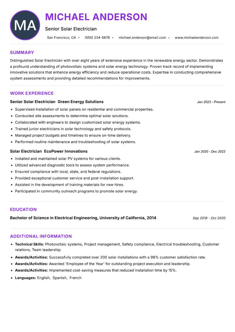 Solar Electrician resume example