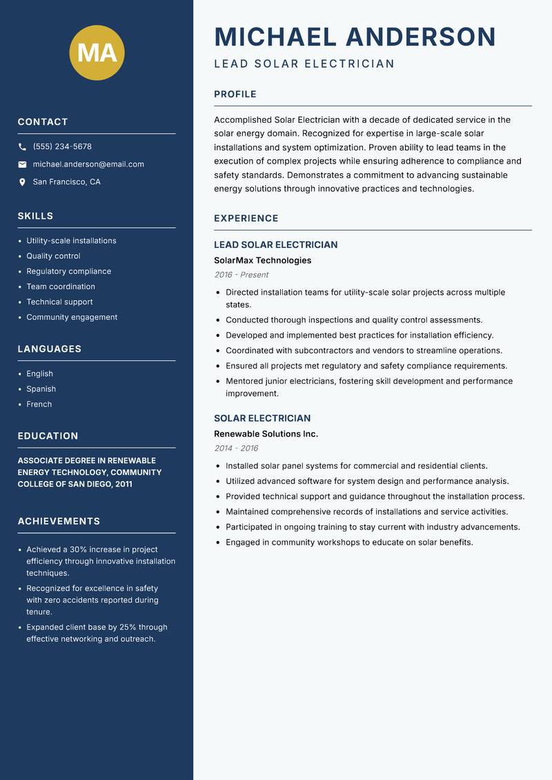 Solar Electrician resume sample — Lead Solar Electrician focus