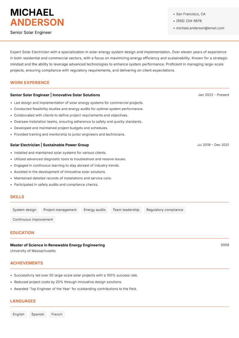 Solar Electrician resume sample — Senior Solar Engineer focus