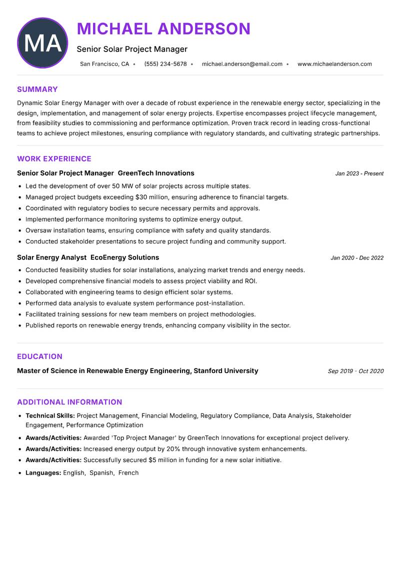 Solar Energy Manager resume example
