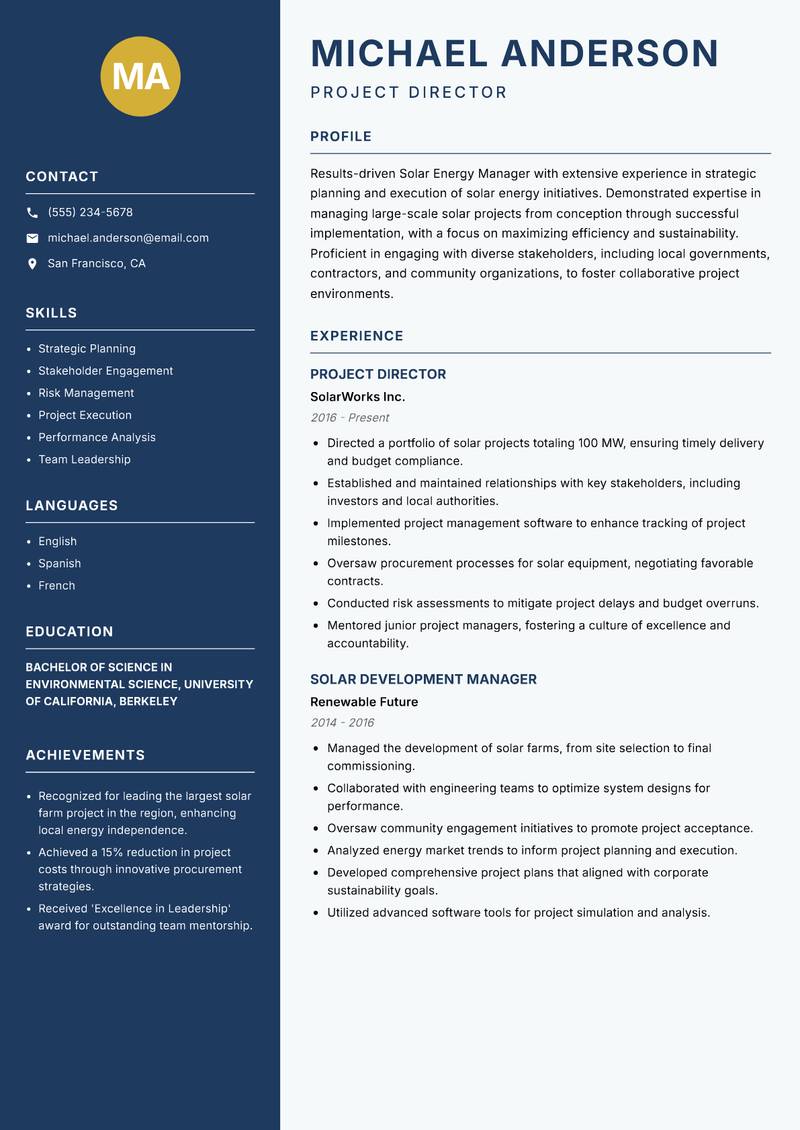 Solar Energy Manager resume sample — Project Director focus