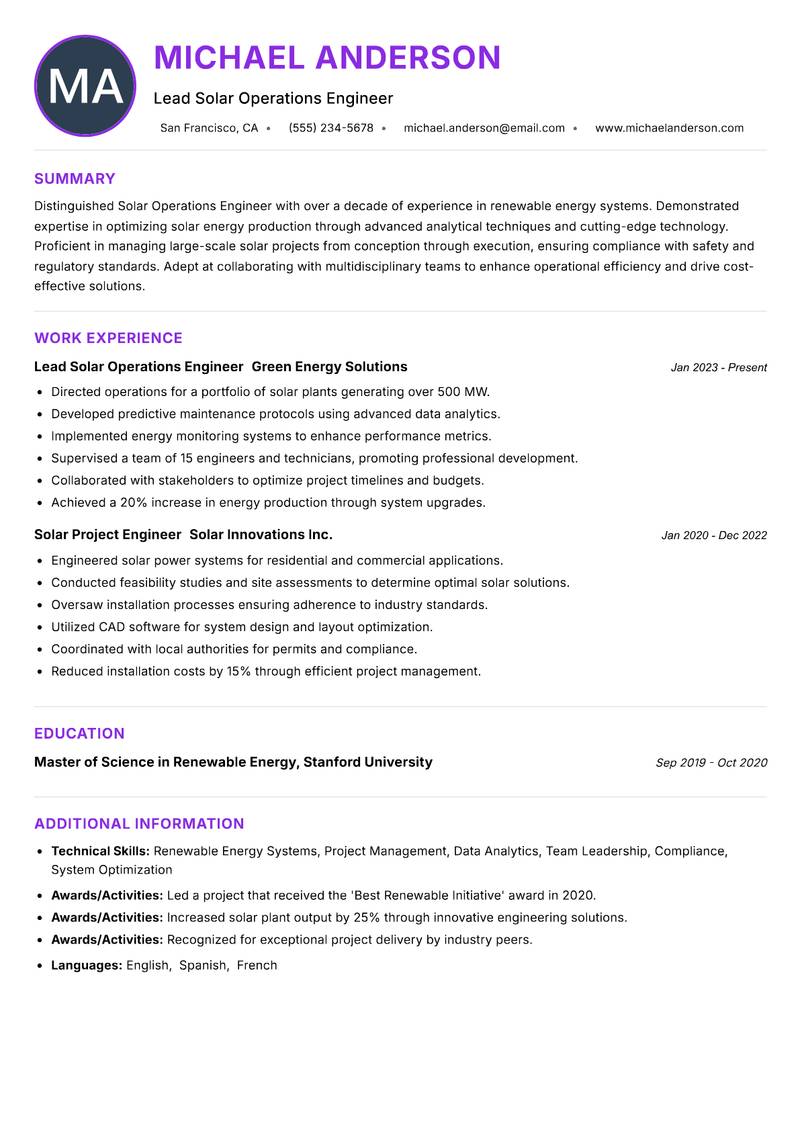 Solar Operations Engineer resume example