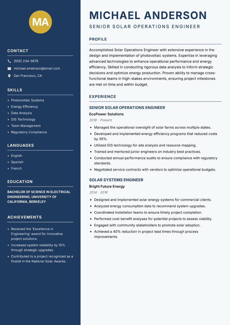 Solar Operations Engineer resume sample — Senior Solar Operations Engineer focus