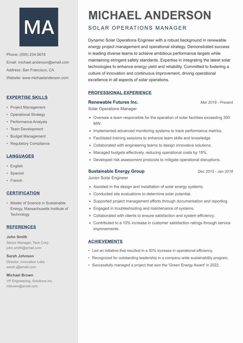 Solar Operations Engineer resume sample — Solar Operations Manager focus
