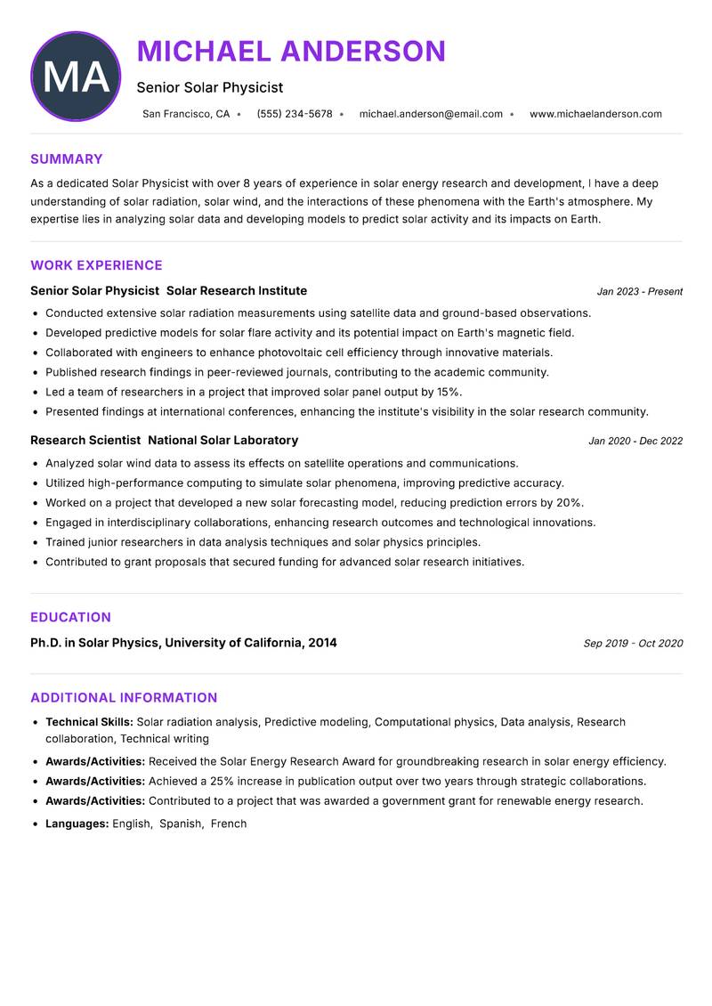 Solar Physicist resume example