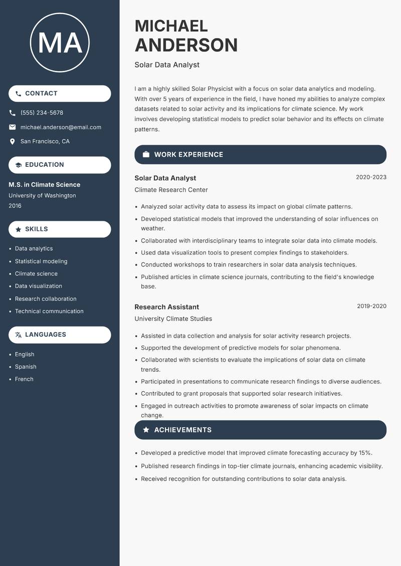 Solar Physicist resume sample — Solar Data Analyst focus