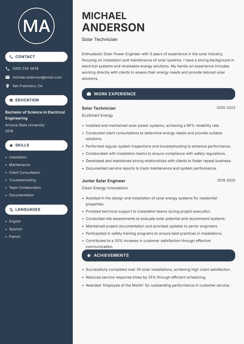 Solar Power Engineer resume sample — Solar Technician focus