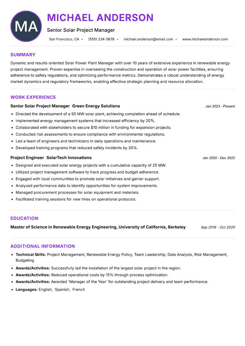 Solar Power Plant Manager resume example