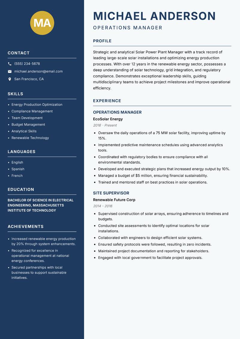 Solar Power Plant Manager resume sample — Operations Manager focus