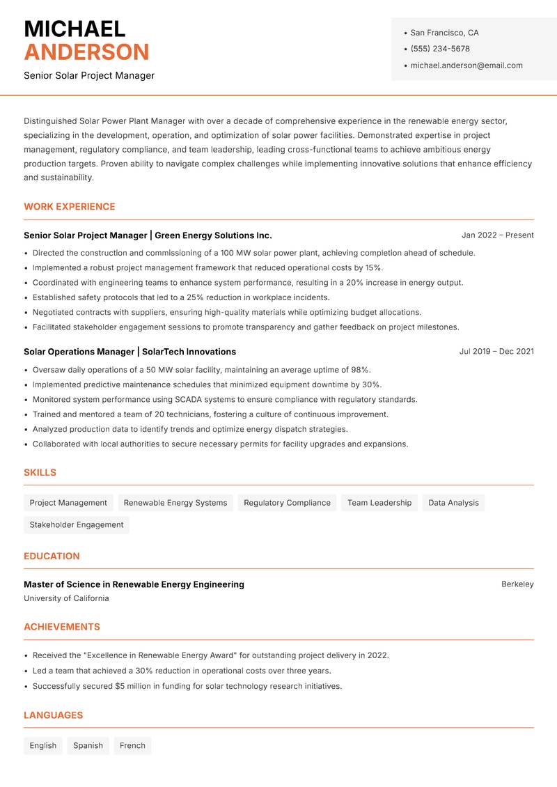 Solar Power Plant Manager resume sample — Senior Solar Project Manager focus