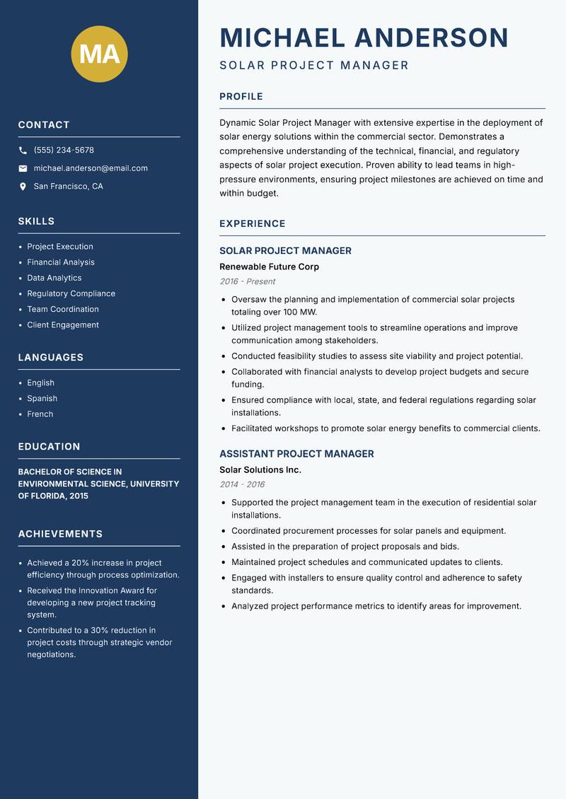 Solar Project Manager resume sample — Solar Project Manager focus