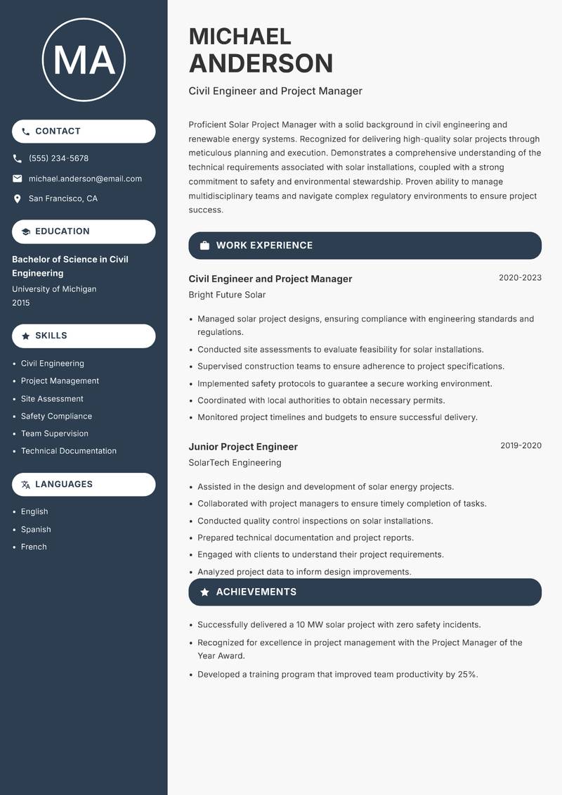 Solar Project Manager resume sample — Civil Engineer and Project Manager focus