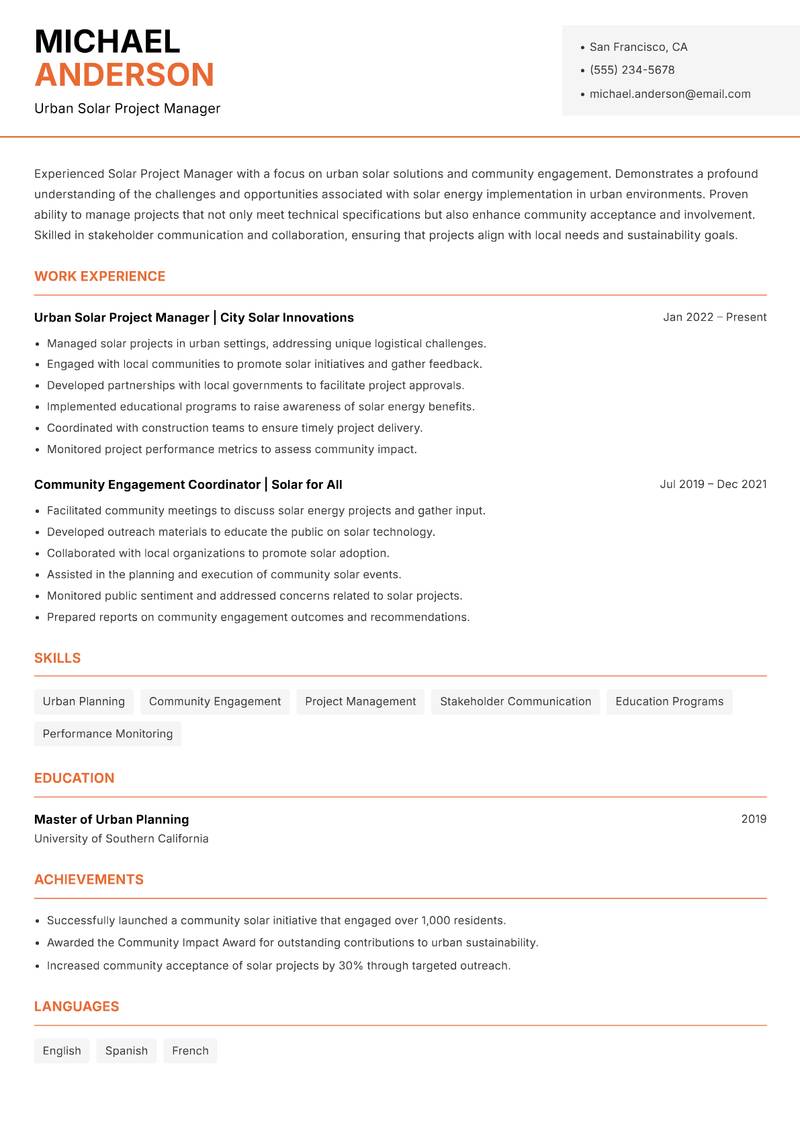 Solar Project Manager resume sample — Urban Solar Project Manager focus