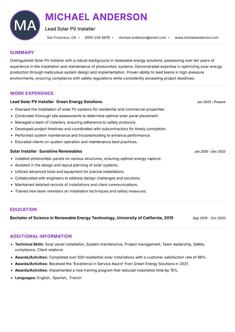 Solar PV Installer resume example