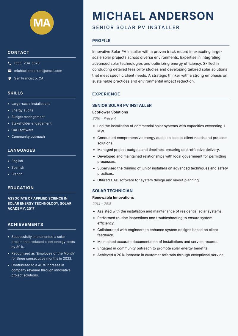 Solar PV Installer resume sample — Senior Solar PV Installer focus