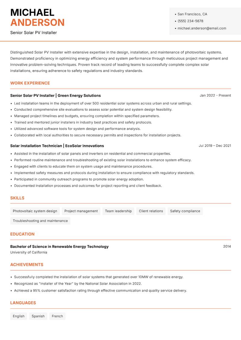 Solar PV Installer resume sample — Senior Solar PV Installer focus