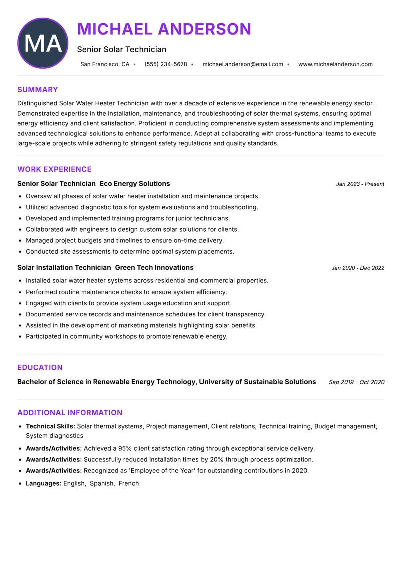 Solar Water Heater Technician resume example