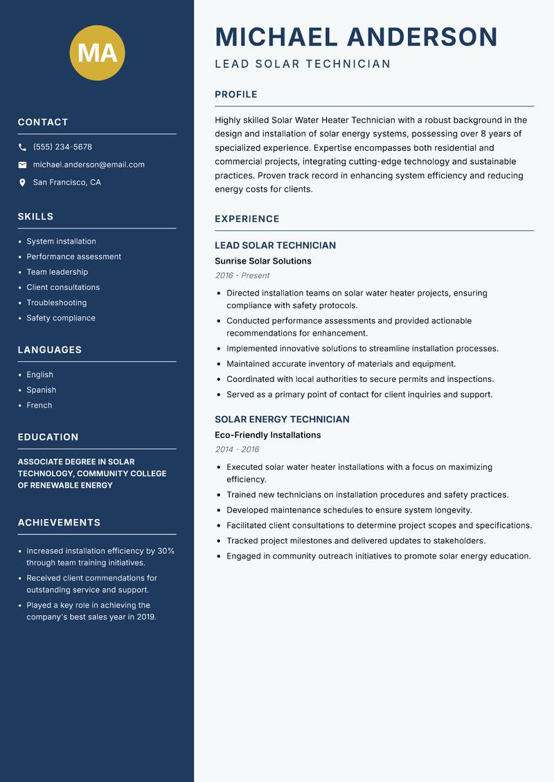 Solar Water Heater Technician resume sample — Lead Solar Technician focus