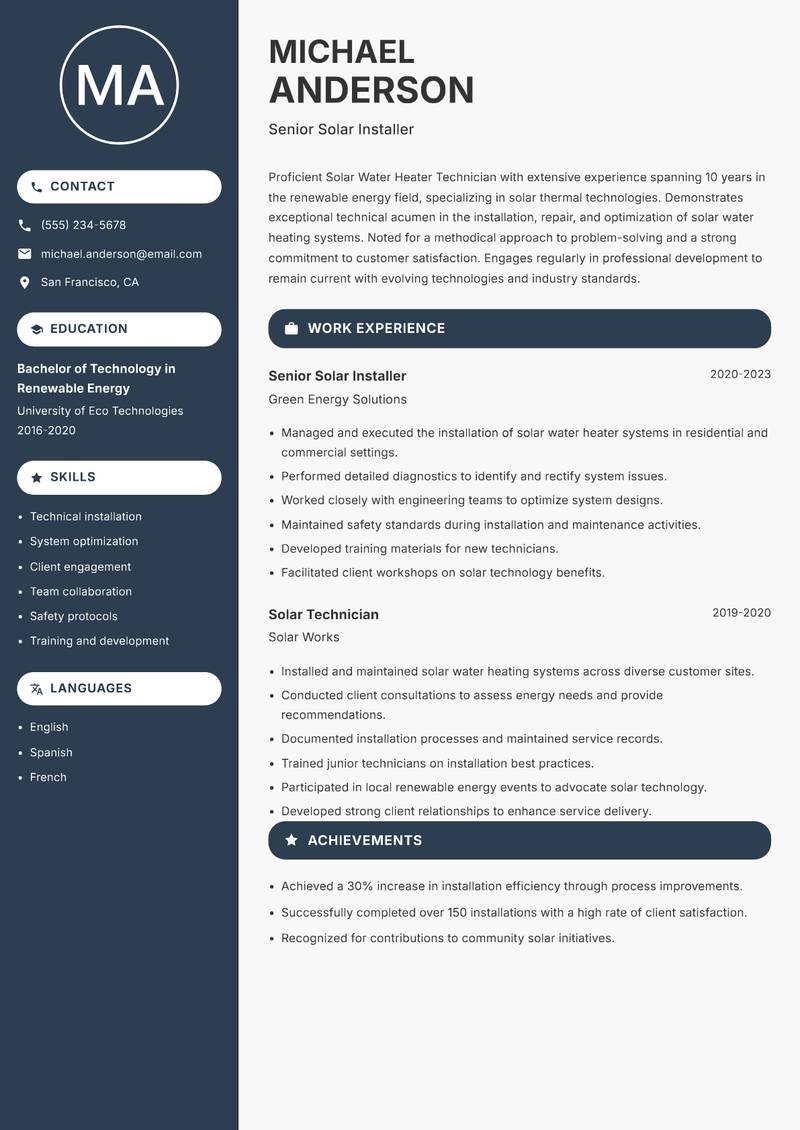Solar Water Heater Technician resume sample — Senior Solar Installer focus