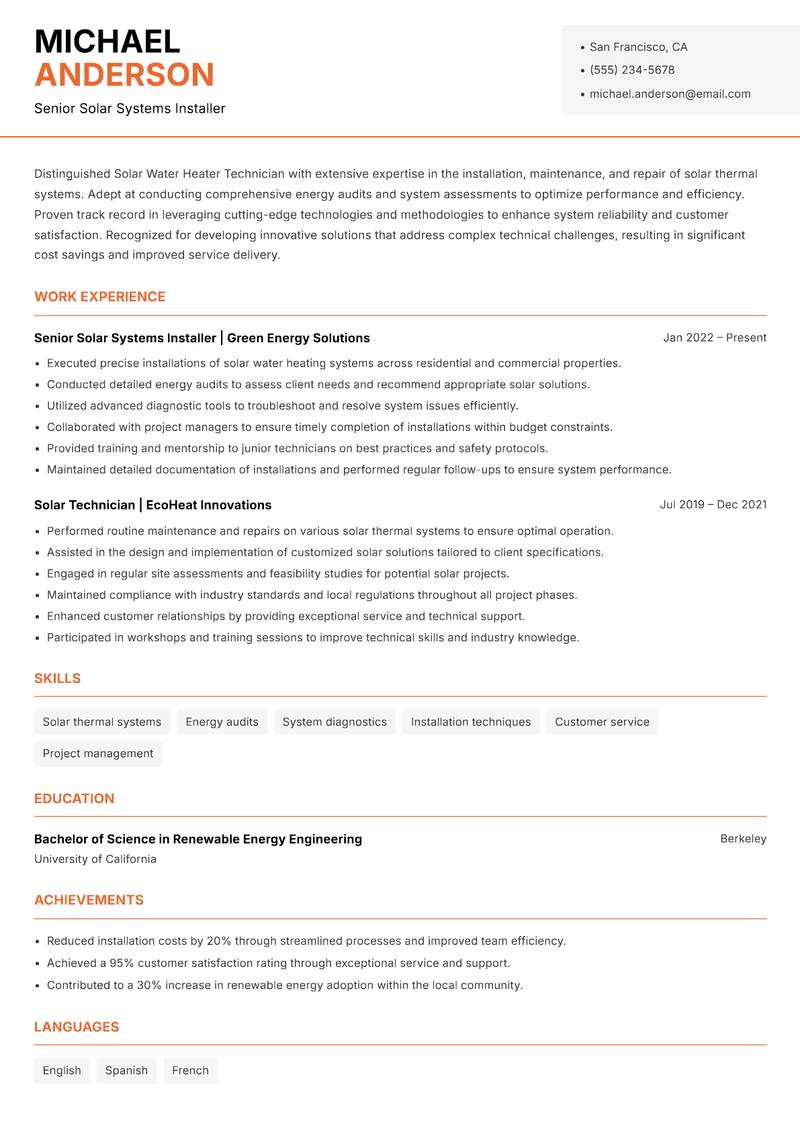 Solar Water Heater Technician resume sample — Senior Solar Systems Installer focus